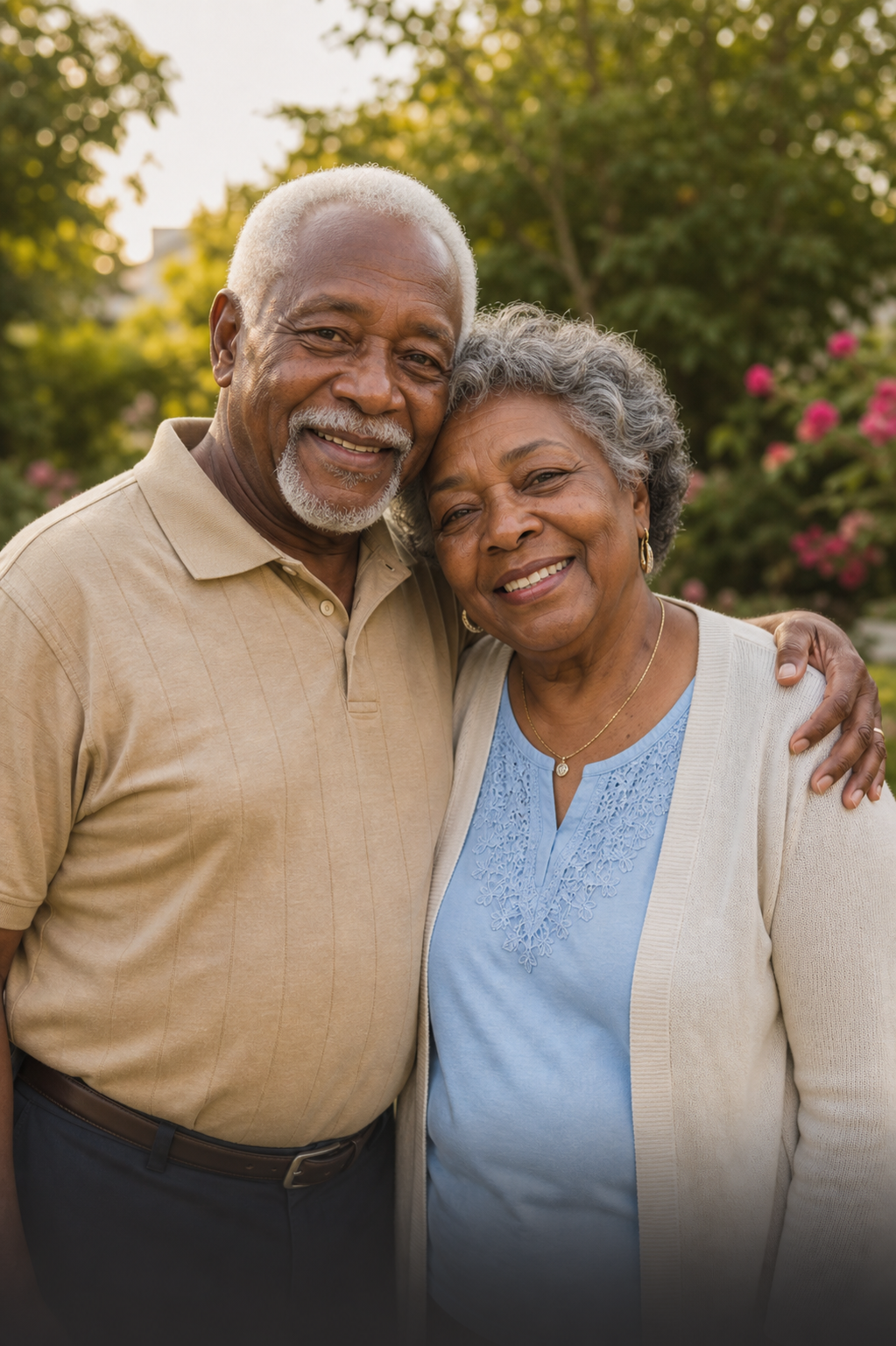 A joyful older Black couple smiling together in a garden